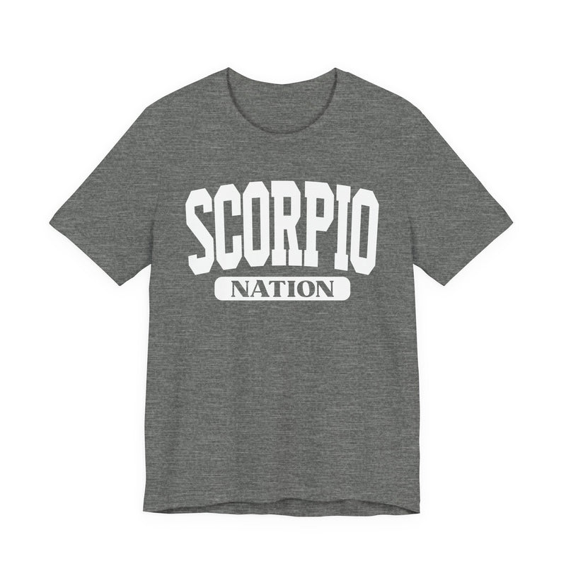 Dark Grey Heather t-shirt with white arched collegiate SCORPIO lettering over a NATION banner, front view.
