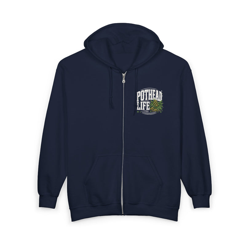 I'm About That Pothead Life — Zip Hoodie back view: bold statement lettering reading “I'M ABOUT THAT POTHEAD LIFE”. Street Talk Designs 420 friendly statement apparel.