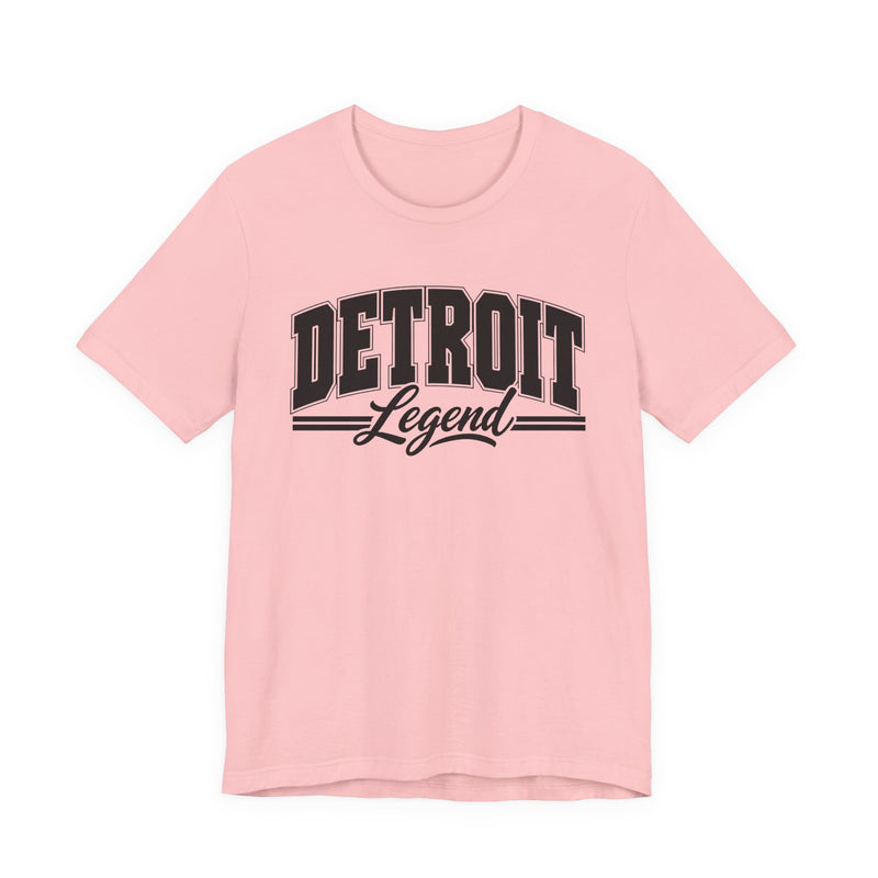 T-Shirt product photo with arched collegiate block lettering reading "DETROIT" with the word "Legend" in script beneath, front view.