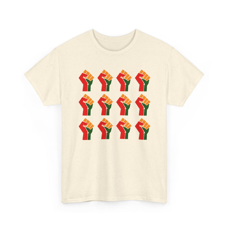 Natural t-shirt with a clean 3-by-4 grid pattern of twelve red, black, and green raised-fist icons, front view.