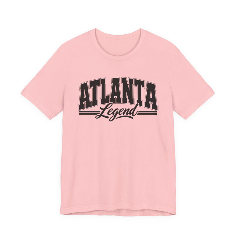 Light pink t-shirt with black varsity block and script lettering reading ATLANTA LEGEND, front flat-lay view.