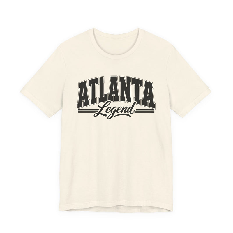 White t-shirt with black varsity block and script lettering reading ATLANTA LEGEND, front flat-lay view.