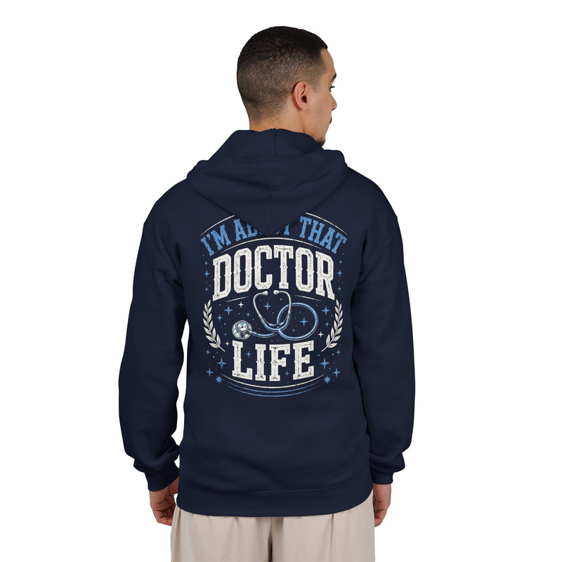 Navy-color zip hoodie with blue and white lettering reading I'M ABOUT THAT DOCTOR LIFE, model back.