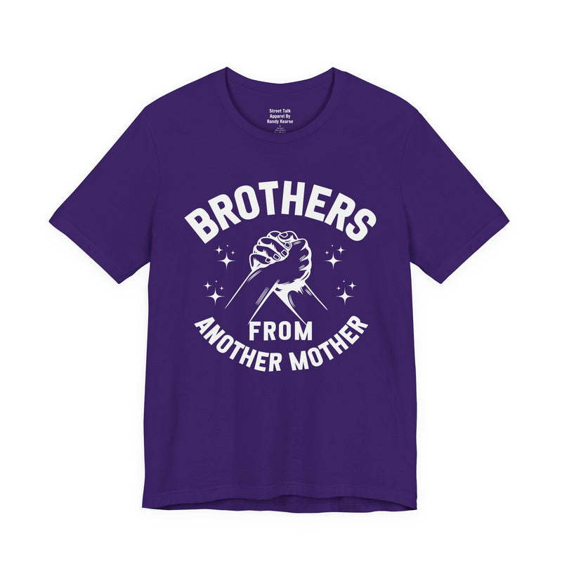 Brothers From Another Mother — Tee fabric detail close-up: lettering reading 'BROTHERS FROM ANOTHER MOTHER'. Street Talk Designs family statement apparel.