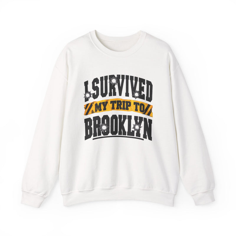 Sweatshirt with collegiate lettering reading I SURVIVED MY TRIP TO BROOKLYN, front view.