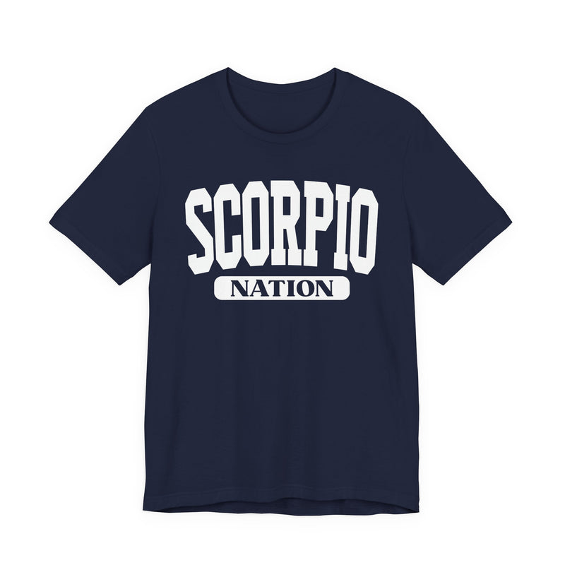 Navy t-shirt with white arched collegiate SCORPIO lettering over a NATION banner, front view.