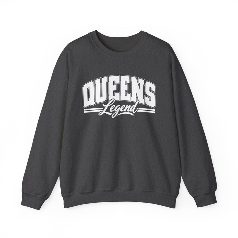 Charcoal sweatshirt with white varsity block and script lettering reading QUEENS LEGEND, front flat-lay view.