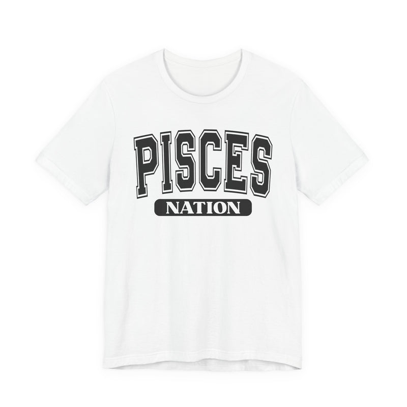 White T-shirt with black arched collegiate PISCES lettering and boxed NATION print, front view.