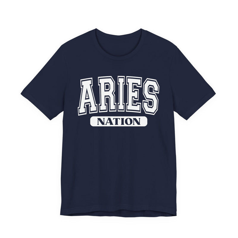 Navy t-shirt with white arched collegiate ARIES lettering and boxed NATION banner, front view.