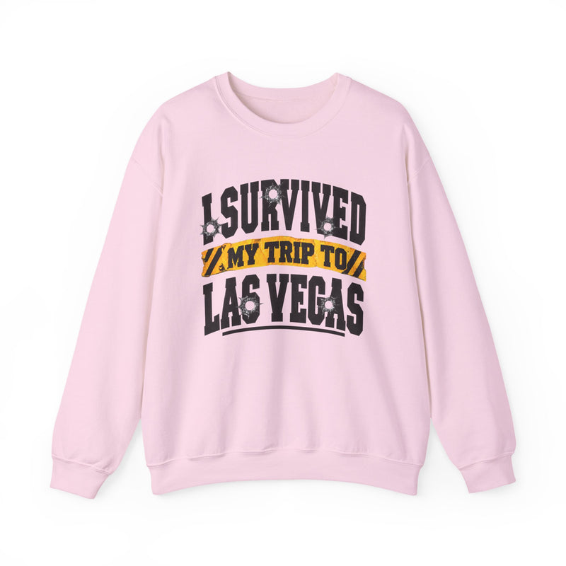 Sweatshirt with collegiate lettering reading I SURVIVED MY TRIP TO LAS VEGAS, front view.