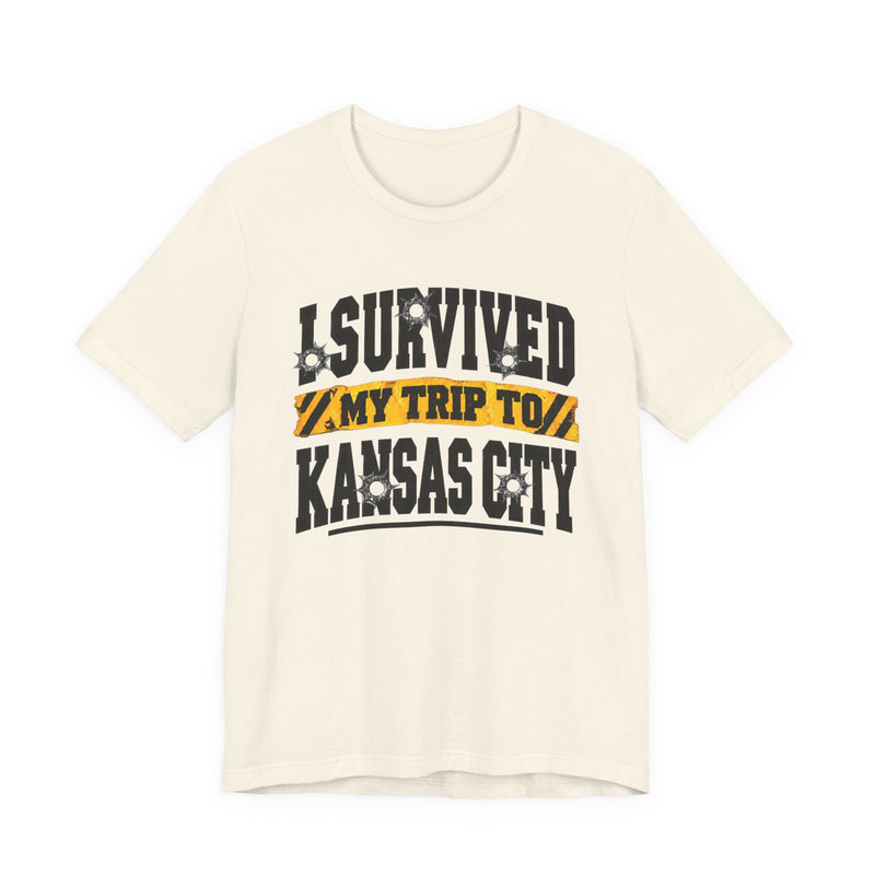 T-Shirt product with collegiate lettering reading I SURVIVED MY TRIP TO KANSAS CITY, on-model view.