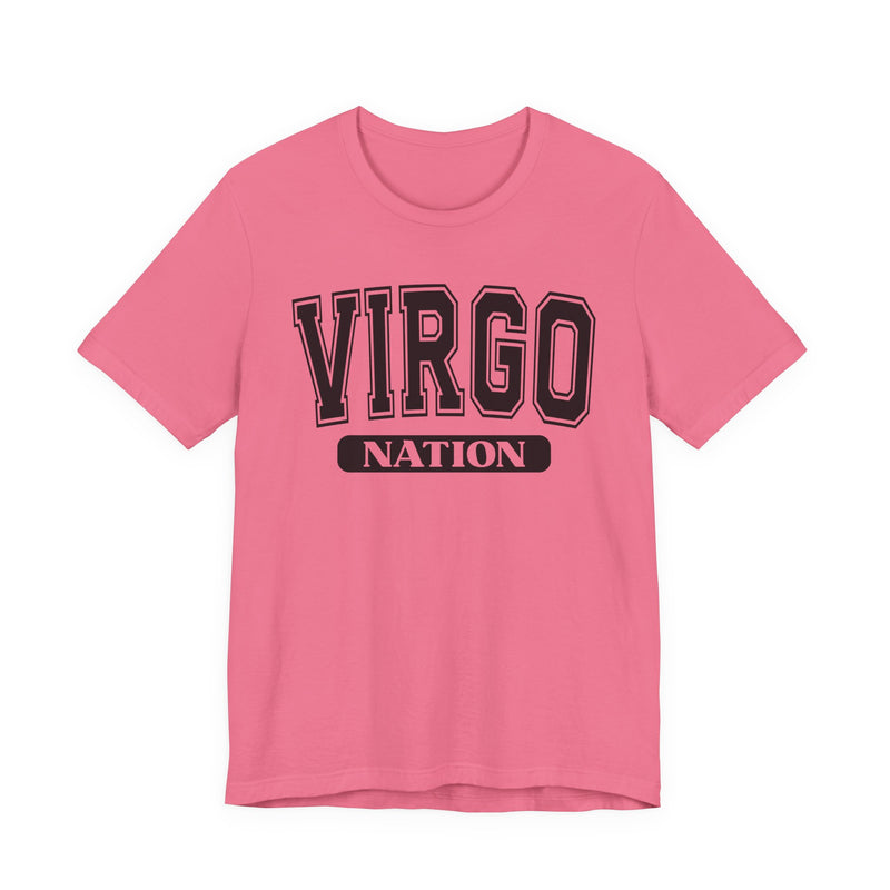 Pink t-shirt with black arched collegiate VIRGO lettering over a NATION banner, front view.