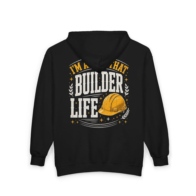 Navy zip hoodie with small I'M ABOUT THAT BUILDER LIFE chest emblem, alternate view.