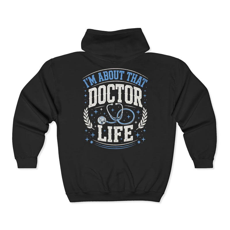 Black-color zip hoodie with blue and white lettering reading I'M ABOUT THAT DOCTOR LIFE, back.