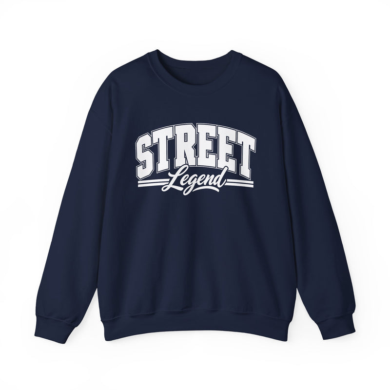 Sweatshirt product with collegiate lettering reading STREET LEGEND, alternate view.