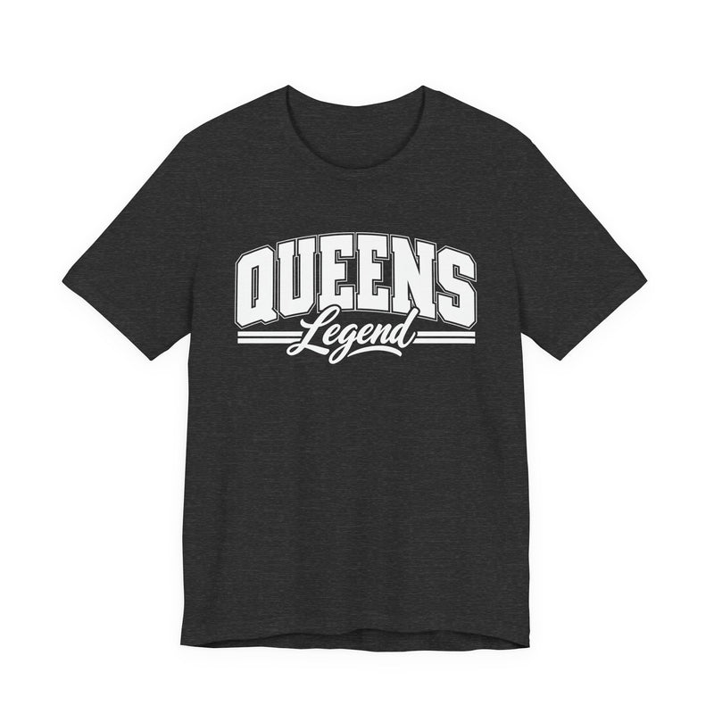 Black t-shirt with white varsity block and script lettering reading QUEENS LEGEND, front flat-lay view.