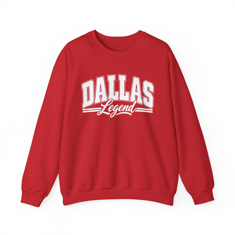 Sweatshirt with collegiate lettering reading DALLAS LEGEND, front view.