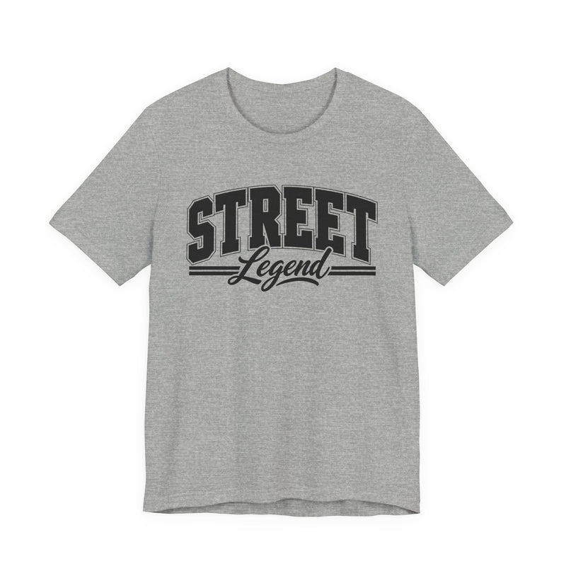 T-Shirt product with collegiate lettering reading STREET LEGEND, lifestyle view.