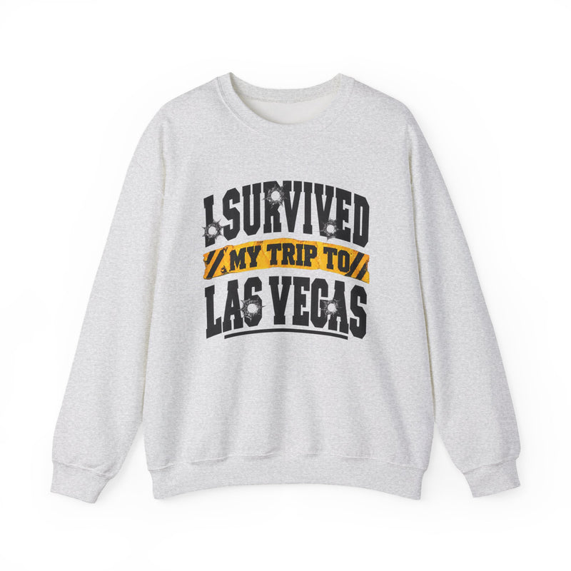 Sweatshirt with collegiate lettering reading I SURVIVED MY TRIP TO LAS VEGAS, front view.