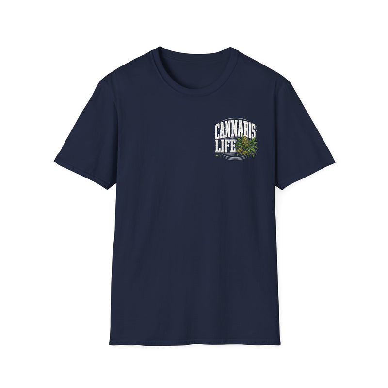 I'm About That Cannabis Life — Tee back view: “I'M ABOUT THAT CANNABIS LIFE” in bold printed block lettering. Street Talk Designs 420-friendly statement apparel.