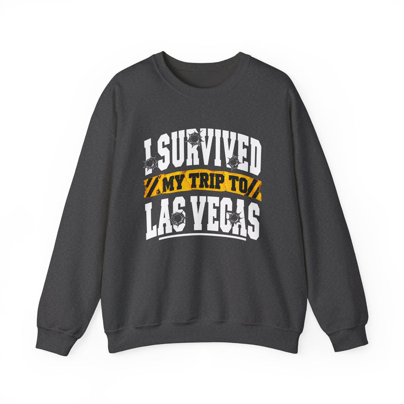 Sweatshirt with collegiate lettering reading I SURVIVED MY TRIP TO LAS VEGAS, front view.