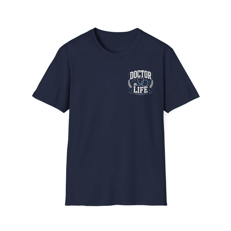Navy t-shirt with white lettering reading "DOCTOR LIFE", front view.