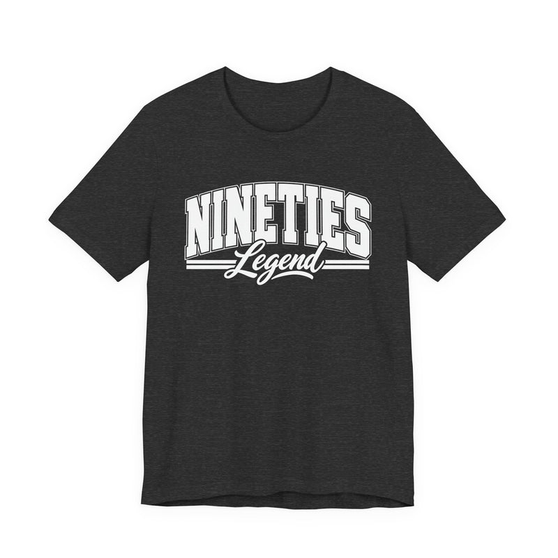 T-shirt with bold lettering reading NINETIES LEGEND, product view.