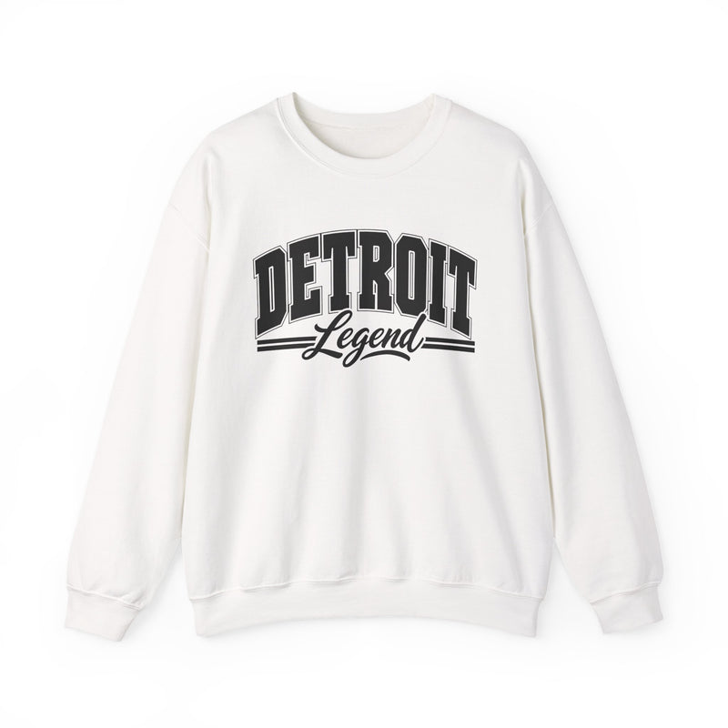 Sweatshirt product photo with arched collegiate block lettering reading "DETROIT" with the word "Legend" in script beneath, front view.