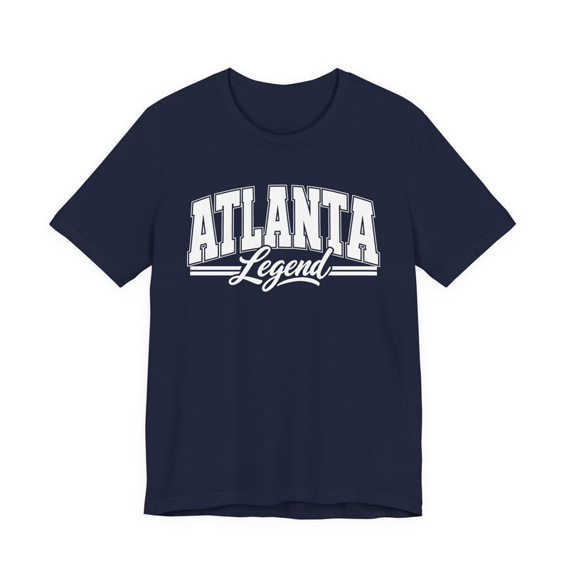 Black t-shirt with white varsity block and script lettering reading ATLANTA LEGEND, front flat-lay view.