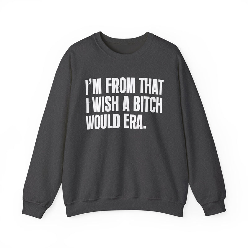 I'm From That I Wish A Bitch Would Era — Sweatshirt alternate view 11: I'm From That I Wish A Bitch Would Era in distressed collegiate lettering. Street Talk Designs old school statement apparel.