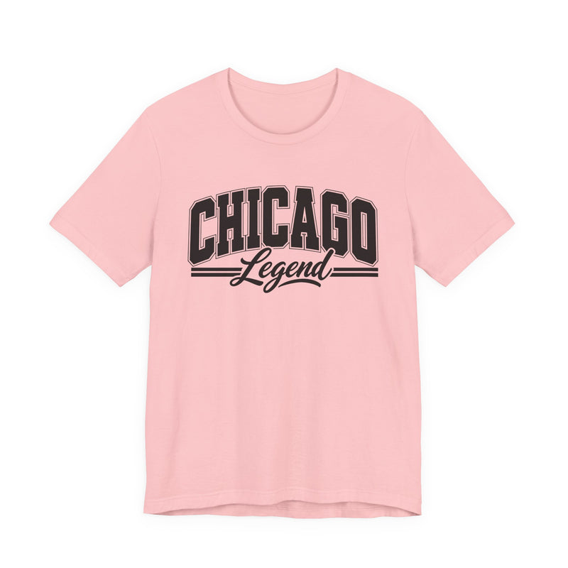 T-Shirt product with collegiate lettering reading CHICAGO LEGEND, on-model view.