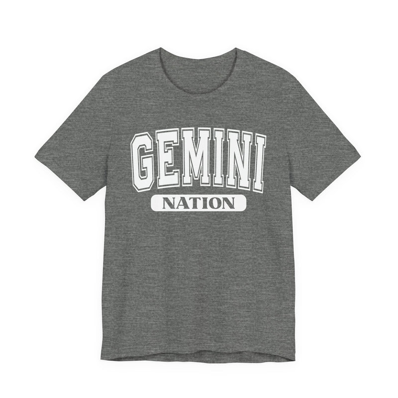 Dark Grey Heather t-shirt with white arched GEMINI lettering and NATION bar print, front flat-lay view.