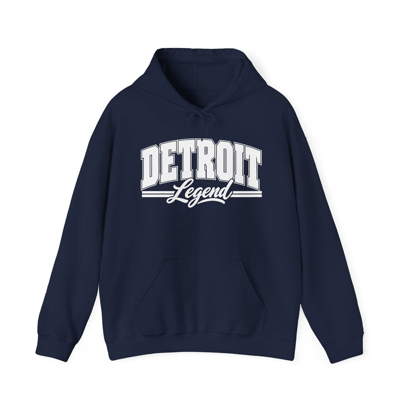 Hoodie product photo with arched collegiate block lettering reading "DETROIT" with the word "Legend" in script beneath, front view.