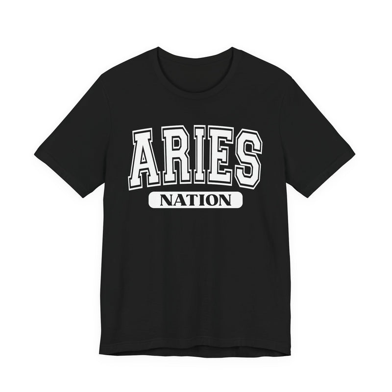 Black t-shirt with white arched collegiate ARIES lettering and boxed NATION banner, front view.