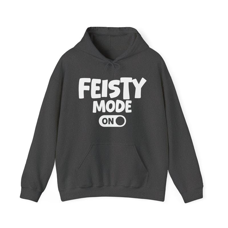 Black hoodie with white bubble lettering reading FEISTY MODE ON, alternate view.