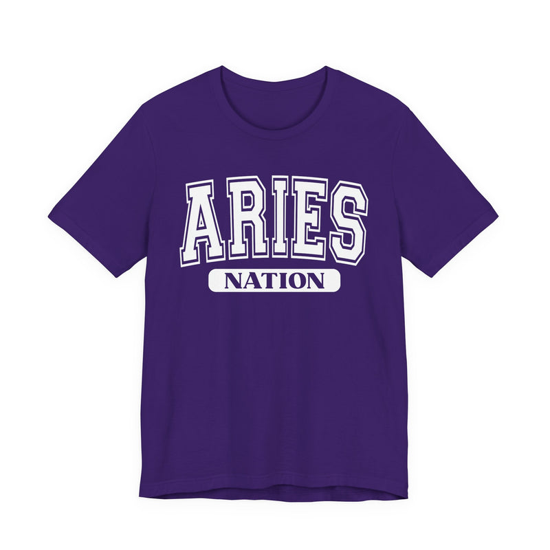 Team Purple t-shirt with white arched collegiate ARIES lettering and boxed NATION banner, front view.
