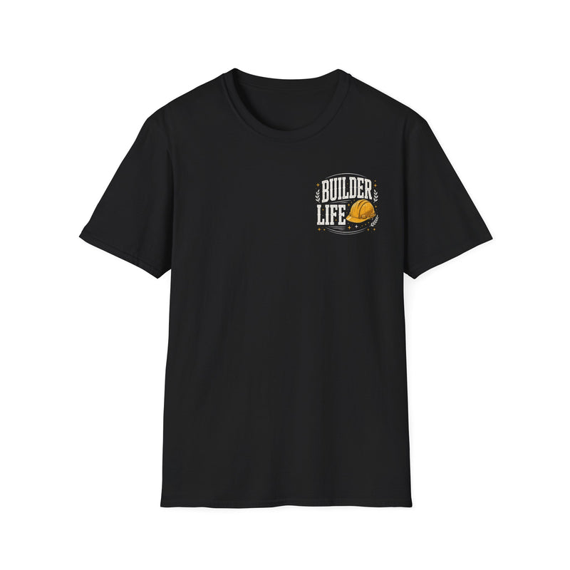 Black t-shirt with white and orange distressed trade lettering reading BUILDER LIFE, front view (left-chest print).