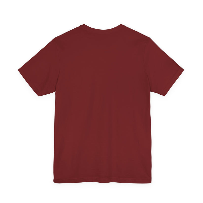 Cardinal t-shirt with 'I'M FROM THE TRINNI SIDE OF THE FAMILY' in contrasting hand-drawn bubble lettering on the chest, front flat-lay mockup view.