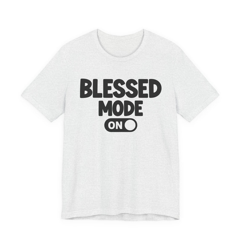 T-Shirt with text design reading “PRAISE MODE ON”, front view