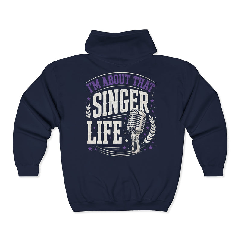 Navy hoodie with white and purple bubble lettering reading I'M ABOUT THAT SINGER LIFE, back.