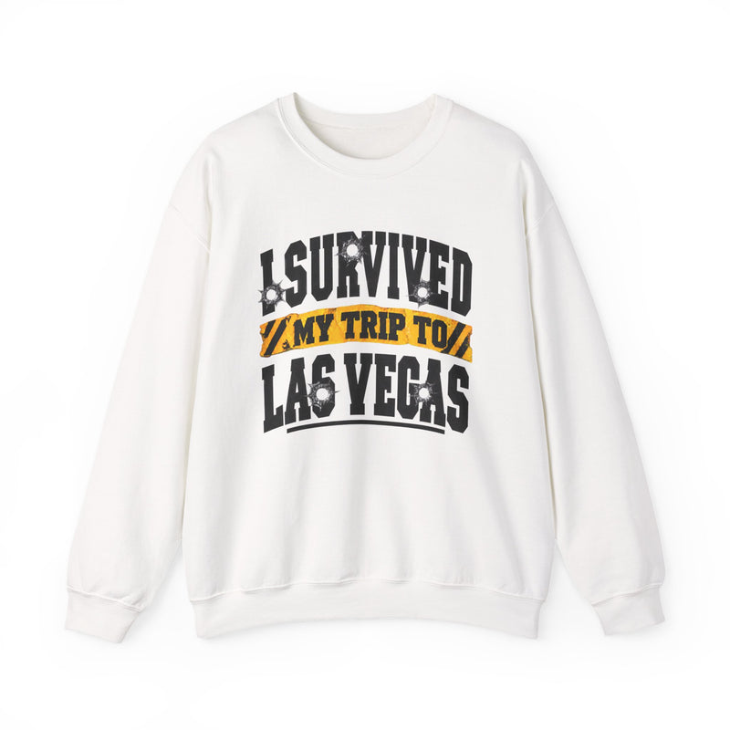 Sweatshirt with collegiate lettering reading I SURVIVED MY TRIP TO LAS VEGAS, front view.
