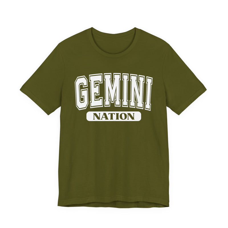 Olive t-shirt with white arched GEMINI lettering and NATION bar print, front flat-lay view.