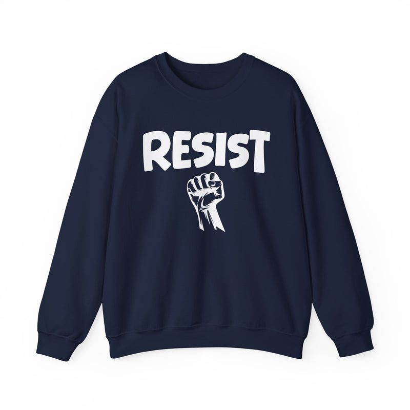 Navy sweatshirt with white lettering reading "RESIST", front flat-lay view.