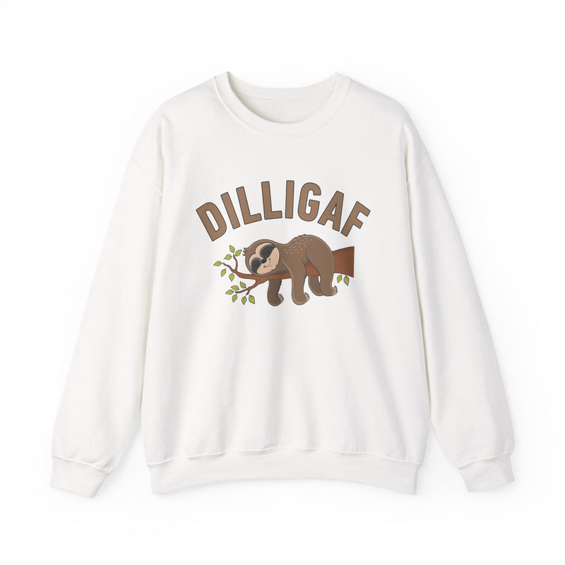 Sand sweatshirt with contrasting bold statement lettering with sloth graphic reading DILLIGAF, front flat-lay view.