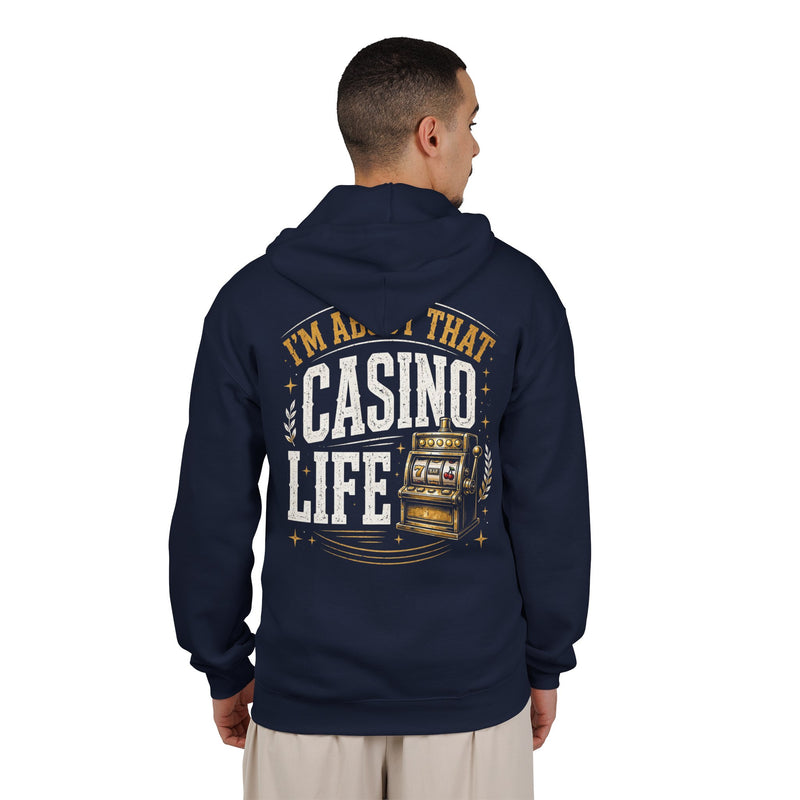 Charcoal zip hoodie with white and gold bubble lettering reading I'M ABOUT THAT CASINO LIFE, back.