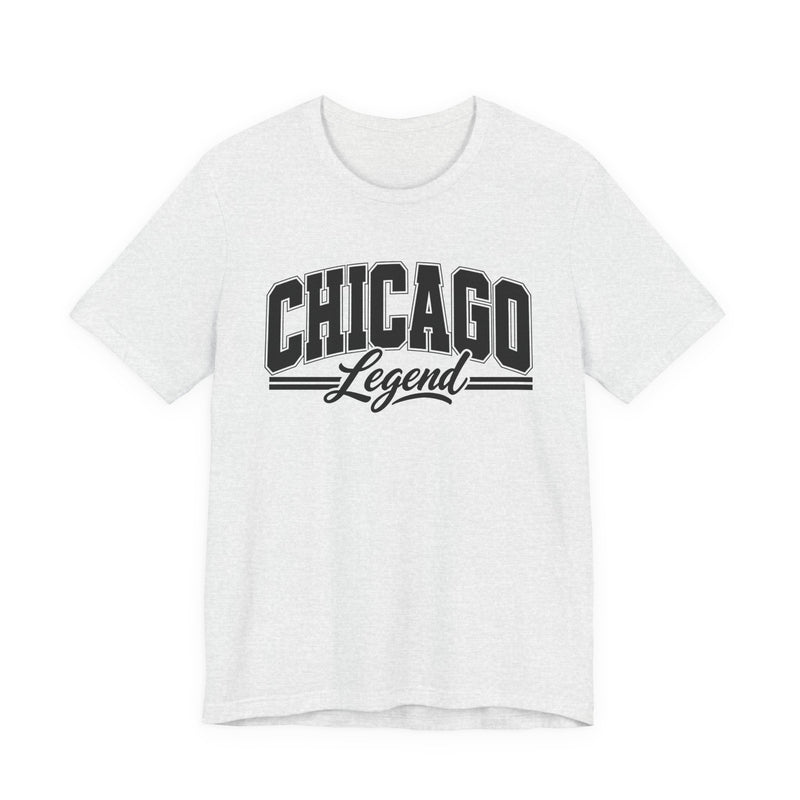 T-Shirt product with collegiate lettering reading CHICAGO LEGEND, flat lay.