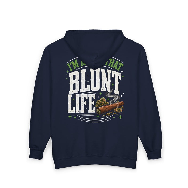 I'm About That Blunt Life — Zip Hoodie alternate view 5: I'M ABOUT THAT BLUNT LIFE in green arched lettering over distressed white letters with a smoking blunt and buds graphic — green arched lettering over distressed white letters with a smoking blunt and buds graphic on black. Street Talk Designs 420-friendly statement apparel.