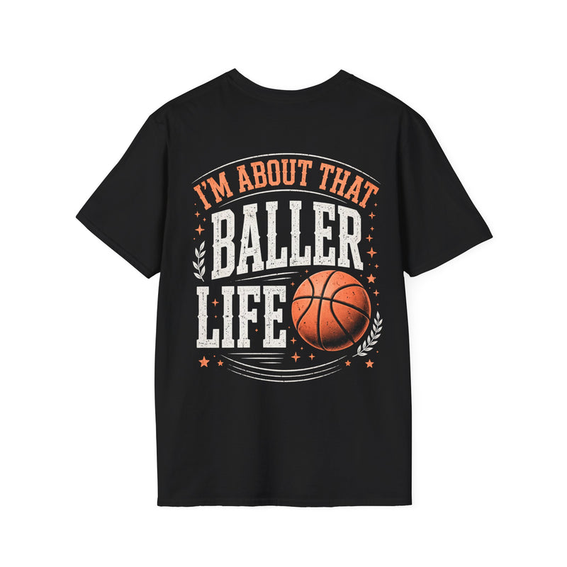 Black t-shirt with white and orange lettering reading "I'M ABOUT THAT BALLER LIFE", back view.