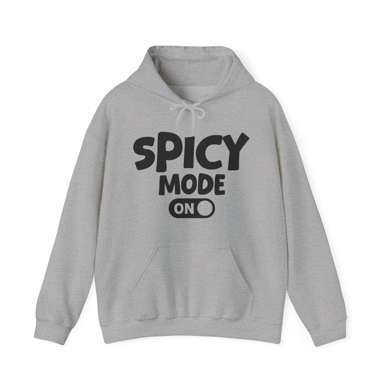 Sand hoodie with white bold distressed lettering reading SPICY MODE ON, flat-lay view.
