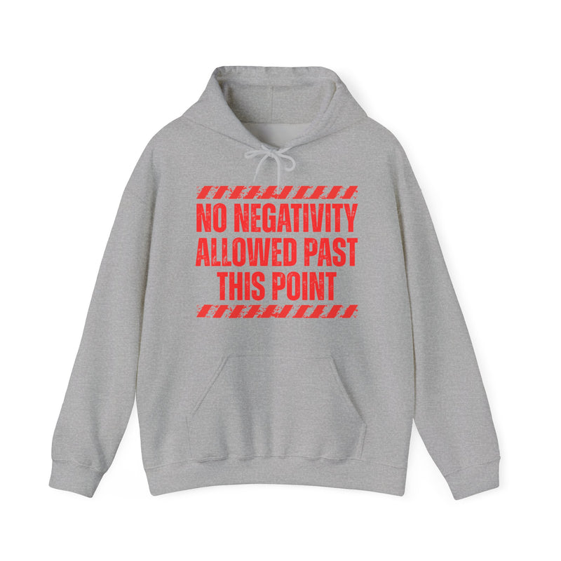 Hoodie in Sport Grey with lettering reading "NO NEGATIVITY ALLOWED PAST THIS — FUNNY NO NEGATIVE ENERGY", front view.